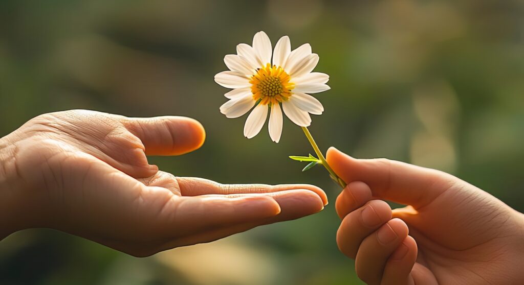 World Kindness Day Hand holding a flower extended towards another hand, World Kindness Day, small gestures of kindness